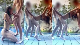 Để bạn thân chơi threesome với bé sugar baby chân dài xinh xắn bên bể bơi